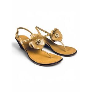 Tory Burch Shelby Flower Thong Wedge Sandals Camel Patent Leather 6.5